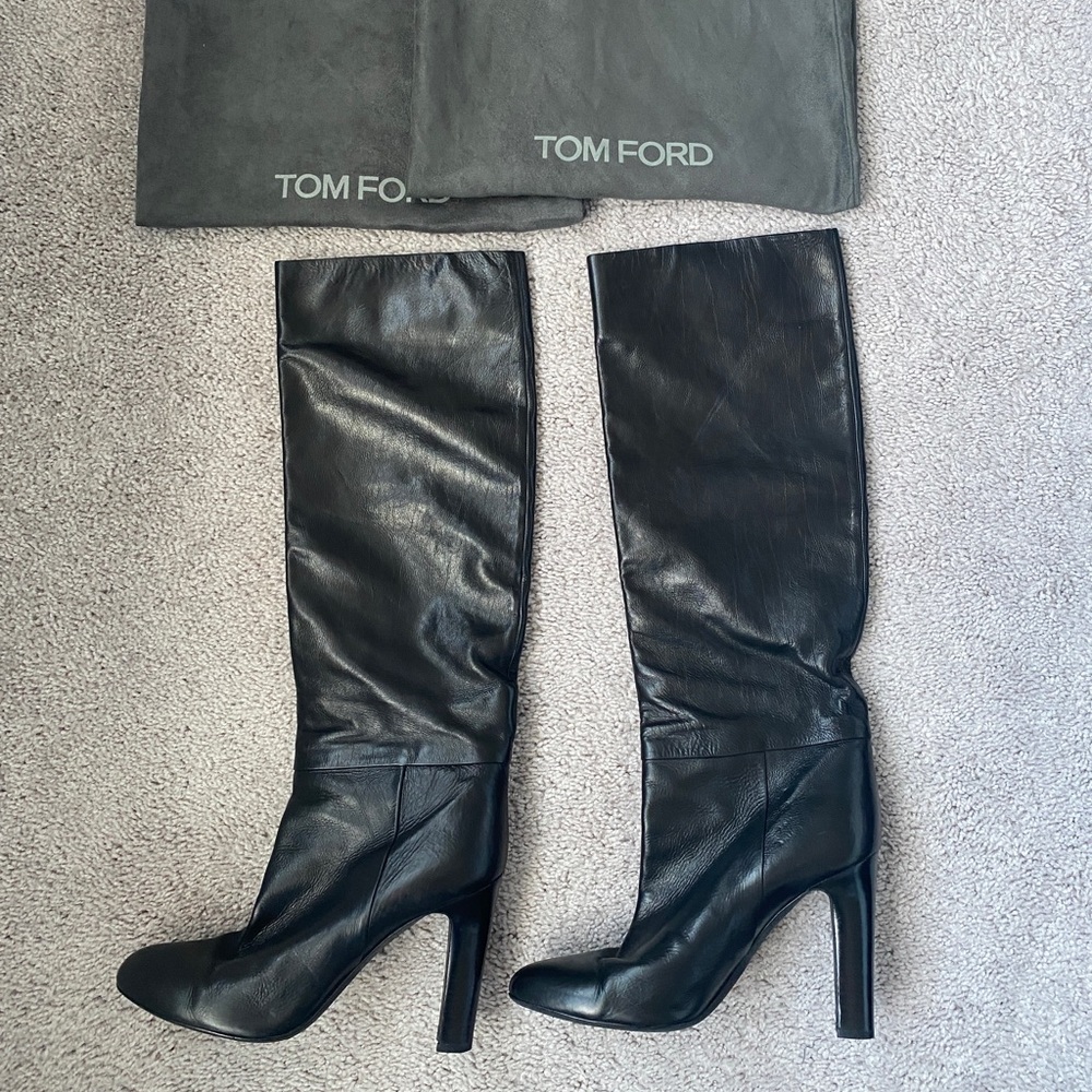 50% OFF TOM FORD Black Leather Italy Knee High Heel Boots 41 EU